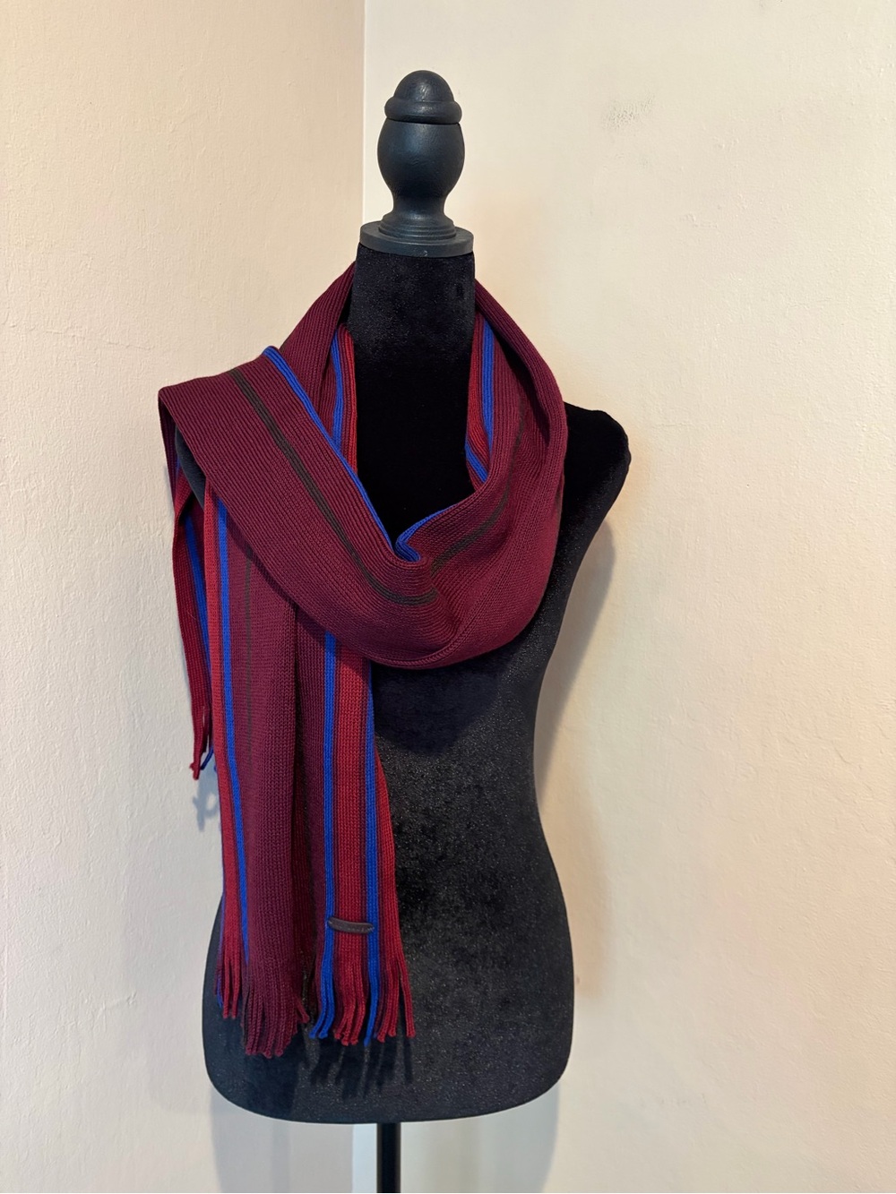 Ted Baker Men’s Burgundy Wool Scarf w/ Bright Blue & Black Stripes, Holiday